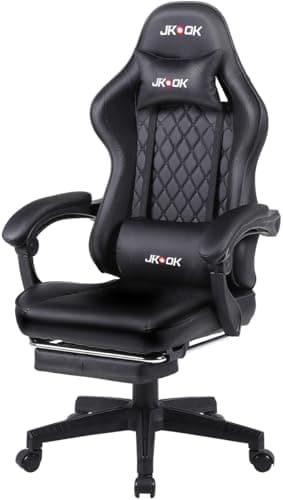JKOOK Gaming Chair with Footrest, Multifunctional Desk Chair with Linkage Armrest, PU Leather, Video Game Computer Chairs with Lumbar Support, Study,Game,Office,JK08 (Black)