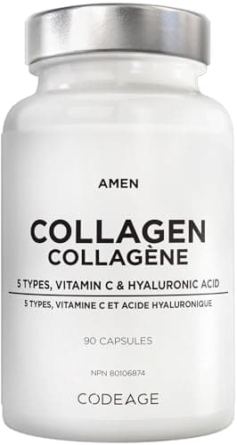 Amen Multi Collagen Peptides Capsules with Hyaluronic Acid and Vitamin C - 5 Types of Grass Fed Hydrolyzed Collagen Protein Type I, II, III, V, X - Amino Acids - Collagen Supplement - 90 Pills