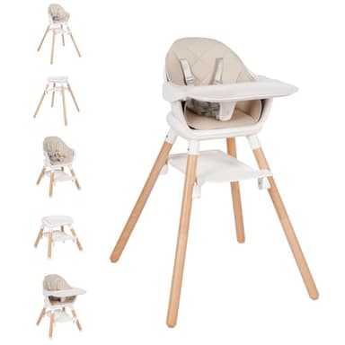 Komcot Baby High Chair, 6 in 1 Wooden Convertible High Chairs for Babies and Toddlers, Booster Seat with Double Tray & Reversible Footrest Baby Highchair, 5-Point Harness Baby Feeding Chair, Beige