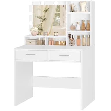 TEENFON Vanity Desk with Mirror & Lights, Makeup Vanity with 2 Large Drawers and 5 Storage Shelves, Vanity Table with 3 Color Light Adjustable for Bedroom, White