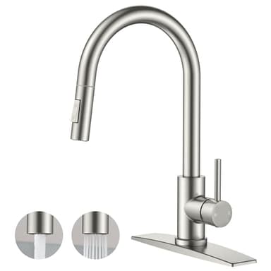 FORIOUS Kitchen Faucet with Pull Down Sprayer, Classic High Arc Pull Out Kitchen Sink Faucet with Deck Plate, Stainless Steel, Single Handle, Fit for Farmhouse Laundry Outdoor,Brushed Nickel