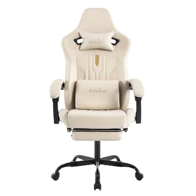 SUKIDA Gaming Chair Massage - Gamers Choice Gaming Chairs for Adults, Reclining Ergonomic Gamer with Footrest Pc Computer Comfy Leather Swivel Recliner Adjustable Backrest Lumbar, Beige