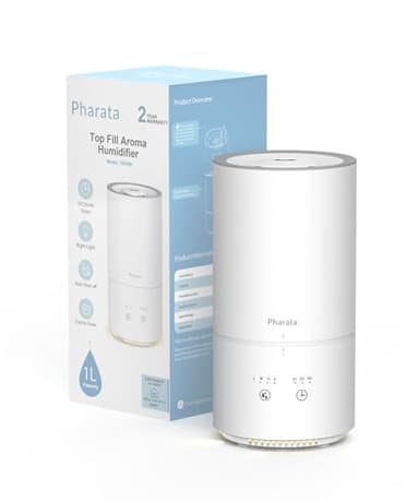 Pharata Humidifiers for Bedroom Baby Room, 1000ml Small Cool Mist Top Fill Air Humidifiers for Nursery & Plants, Ultra Quiet Essential Oil Diffuser with Warm Yellow Night Light, (White)