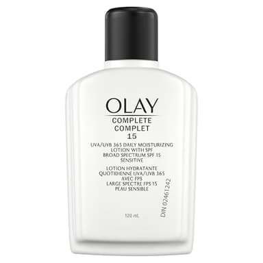 Olay Face Moisturizer, Complete with Sunscreen SPF 15, For Sensitive Skin, Fragrance Free, Daily Facial Lotion, Lightweight Hydrating Broad Spectrum Sun Protection - Vitamin C, E, and Niacinamide, 120 mL