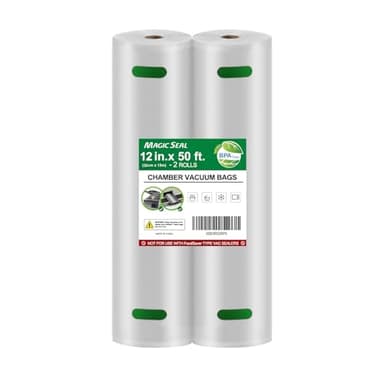 MAGIC SEAL Chamber Vacuum Sealer Bags Rolls - 12’’x50’ Smooth Rolls 2 Pack, BPA Free Great for Food Vac Storage & Sous Vide, Non-Textured, Not Compatible with FoodSaver-Type Vacuum Sealers