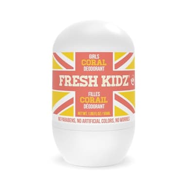 Fresh Kidz Roll On Deodorant for Kids and Teens - Baking Soda and Aluminum-free 24 Hour Protection for Sensitive Skin - Girls "Coral" 1.86 fl.oz.