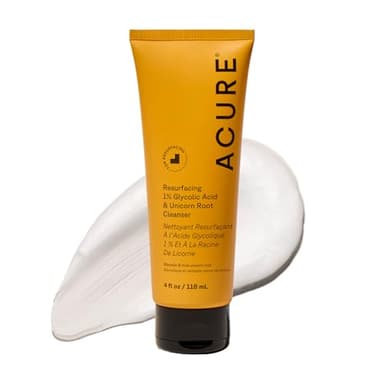 Acure Resurfacing 1% Glycolic Acid & Unicorn Root Cleanser - Exfoliating Face Wash, Glycolic Acid Cleanser for Face, Brightening Anti Aging Cream to Foam Facial Cleanser, Sulfate Free, Vegan, 118ml