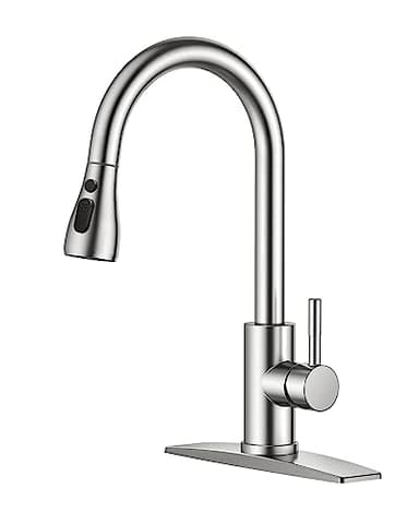 FORIOUS Kitchen Faucet with Pull Down Sprayer, Brushed Nickel, High Arc Single Handle Classic Stainless Steel Kitchen Sink Faucet 1 or 3 Hole, Suitable for Farmhouse Camper Laundry Rv Bar