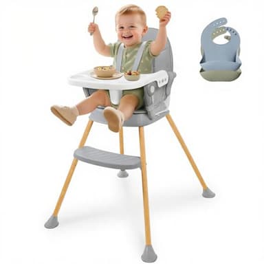 zebrater Baby High Chair, High Chairs for Babies, Portable Dining Seat with Adjustable Food Tray & Footrest, Compact Infant Feeding Chair with 2 Baby Bibs, 5-Point Harness, Easy to Fold & Clean