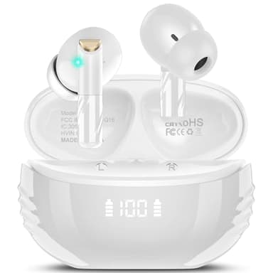 Conyat Wireless Earbuds, Bluetooth 5.4 Headphones HiFi Stereo, Wireless Earphones with ENC Noise Cancelling Mic, 48H Playtime, LED Power Display, IPX7 Waterproof Bluetooth Earbuds, White