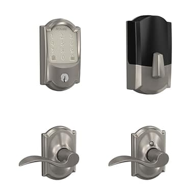 Schlage Encode Smart WiFi Deadbolt Lock and Camelot Accent Passage Lever Combo - Keyless Entry with App or Touchscreen with Camelot Trim, Satin Nickel, FBE489 CAM 619ACC CAM