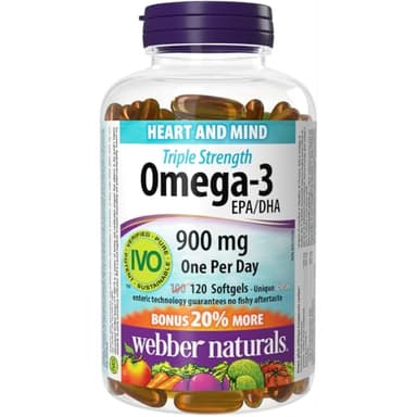 Webber Naturals Omega-3 900 mg Triple Strength, 120 Clear Enteric No Fishy Aftertaste Softgels, Supports Cardiovascular Health and Brain Function