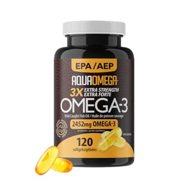 AQUAOMEGA 3X Extra Strength High EPA Fish Oil Omega 3 Supplements, Wild Caught Triple Strength Omega 3 Fish Oil Capsules with EPA, DHA and Vitamin D, Omega3 Supplements Made in Canada,120 Softgels