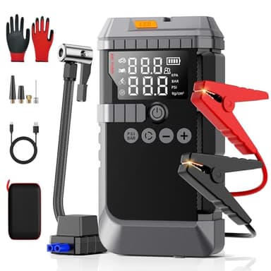 Car Jump Starter with Air Compressor, 6000A 160PSI Car Booster Pack(All Gas/12L Diesel), Battery Power Pack with Jump Cables, Tire Pressure Monitoring, 800Lumen Lights, Gloves