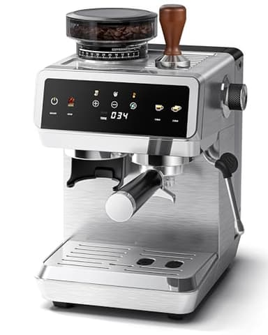 AMZCHEF 20 Bar Semi Automatic Espresso Machine with Built-in Coffee Grinder | 44 Grind Settings & 4-Temperature Control for Hot & Cold Brew | 8mm Milk Frother for Latte, Cappuccino | Stainless Steel