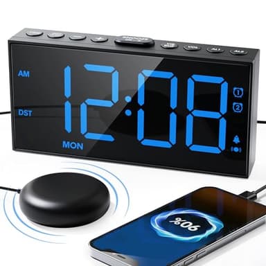 Loud Alarm Clock for Heavy Sleepers Vibrating Alarm Clock with 10000RPM Bed Shaker, 7.5" LED Display, Weekday/Weekend Mode, 5 Volume&dimmer, USB Charger, Dual Alarms for Kid Hearing Needs Blue