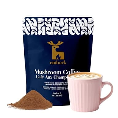 Emberk Organic Mushroom Coffee with Lions Mane - Instant Coffee with 6 Adaptogenic Mushrooms, 5000mg per Cup for Focus, Energy and Immune Support - Low Caffeine, Vegan, Made in Canada, 35 Servings