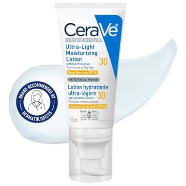 CeraVe Ultra-light Face Moisturizer with SPF 30. Hyaluronic Acid face sunscreen lotion for Men & Women, Normal to Oily & sensitive skin. Fragrance-Free, Oil-Free, Non-Comedogenic, Travel Size 52 ML