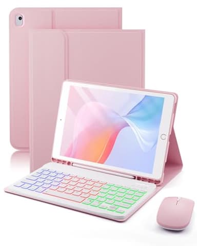 TUNKARMOR for iPad 10.2-inch 9th / 8th / 7th Generation & iPad Air 3rd Gen & iPad Pro 10.5 inch Case with Keyboard - Rainbow Backlit Keyboard Case - Built in Pencil Holder with Mouse, Pink
