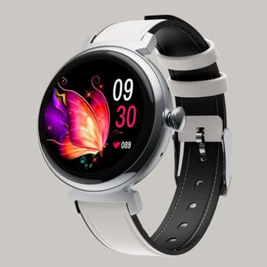 Smartini Mini Smart Watch, 1" HD Screen Bluetooth Calls & Text, Multiple Sports Mode Fitness Tracker Heart Rate Monitor Works with Android iOS iPhone Samsung (Silver Watch White Leather Band)