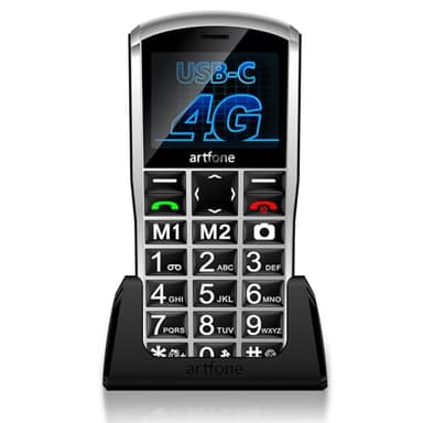 artfone 4G Volte Unlocked Cell Phones Canada, Mobile Phone for Seniors with SOS Button, 2MP Camera, 2.4" Display, Loud Volume, USB-C &Dock Charging, Talking Numbers, 1800mah Battery, Silver
