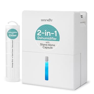 SereneLife Dehumidifier, Quiet 2-in-1 Thermoelectric & Desiccant Dehumidifiers for Home, 85 oz Tank Drying Base w/Small Room Attachment, Smart Humidity Control for Basement, Bathroom, Bedroom, Closet