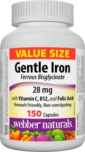 Webber Naturals Gentle Iron Supplement 28 mg, Highly Bioavailable Form of Iron, 150 Capsules, Stomach-Friendly, Non-Constipating, Helps Prevent Iron Deficiency Anemia