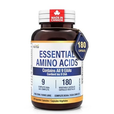 Herba Essential Amino Acids Supplement – 180 Capsules | All 9 EAA Supplement in Free Form - including Complete BCAA | Vegan Friendly | Made in Canada