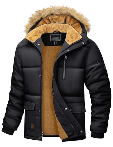 MAGCOMSEN Mens Parka Snow Jacket Hood Fleece Lined Jackets Heavy Work Quilted Padded Ski Coat Water-Resistant Warm Fur Casual Snowboard Skiing Jacket Black 2XL