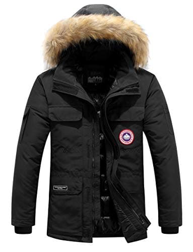 Mens Winter Jackets Fur Hooded Puffer Jacket Outwear Casual Outdoor Coats Jacket Thicken Warm Windproof Parka (Black,L)