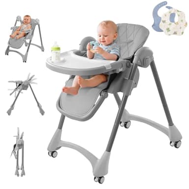 High Chair with Wheels, 6 in 1 Convertible High Chairs for Babies and Toddlers, Portable Foldable Baby Chair with Adjustable Backrest 4 Positions Recline, 7-Level Height Adjustment, Foot Rest, 3-Position Removable Food Tray, Cotton Bibs & Silicone Bibs, Infant to Toddler High Chair