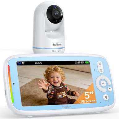 Upgraded 360 View Baby Monitor No WiFi, Boifun 5'' 3X Zoom Display, Rotatable Video Baby Monitor Camera, IPS 720p Wireless (Moniteur Bébé), Easy to Use and Set Up,VOX Sound Detection,Night Vision