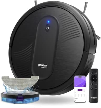 MONSGA Robot Vacuums and mop, Powerful Suction Robotic Vacuum, 140Min Runtime, Vacuum Robot for Hard Floor, Low Pile Carpet, Pet Hair, Remote/App/Voice Control, Schedule Clean (Black)