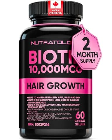 Biotin 10000MCG Hair Vitamins For Hair Growth Women | Canadian-Made | Promotes Healthy Skin & Nail Growth - Supports Muscle Function - Biotin Supplement - Hair Growth Products for Women - 60 capsules