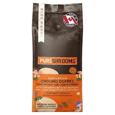 PureShrooms Mushroom Ground Coffee – Mind & Body – Single Origin - Medium Roast Arabica with Ultra Concentrated Lion’s Mane, Reishi & Cordyceps Extracts – Clean Energy & Focus Support – Zero Sugar, No Preservatives, Non-GMO, Soy-Free – 340g