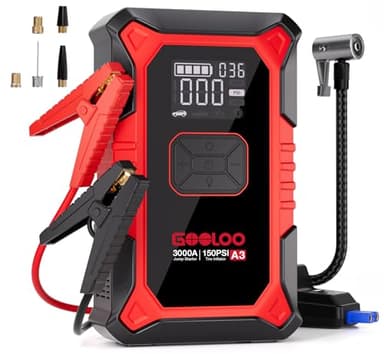GOOLOO A3 Jump Starter with Air Compressor, 3000A Portable Car Battery Jumper Starter (9.0 Gas/6.5L Diesel) with 150PSI Auto-Shutoff Tire Inflator, 12V Supersafe Lithium Jump Box Car Booster