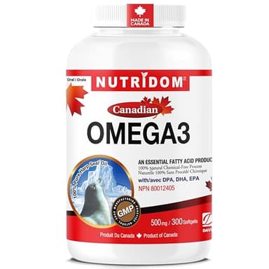 Nutridom Canadian Harp Seal Oil Omega-3 500mg, 300 Softgels, Essential Fatty Acid Supplement with DPA DHA EPA, 100% Natural Chemical-Free, Non-GMO, Made in Canada