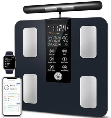 GE Smart Scale for Body Weight: 8-Electrode Digital Bathroom Scale for Body Weight Fat BMI Muscle Mass Full Body Composition Analyzer 27 Measurements Bluetooth Highly Accurate Weighing Scale, 400 lbs