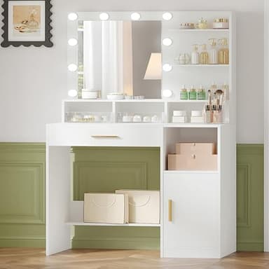 Hzuaneri Vanity Desk with Mirror and 10 LED Lights, Makeup Vanity with 3 Shelves & 4 Open Compartments, Dressing Table with Large Drawer & Cabinet, 3 Adjustable Lighting Brightness, White VT08103XCA
