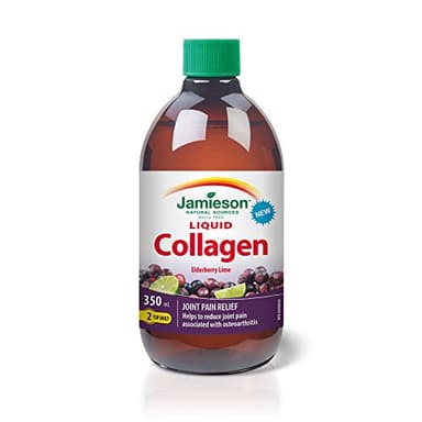 Jamieson Liquid Collagen Elderberry Lime Flavour, with 1,200 mg of Hydrolyzed Collagen, Provides Joint Pain Relief. Non-GMO, Gluten-Free, No Artificial Colours or Flavours, 350 mL, Proudly Canadian