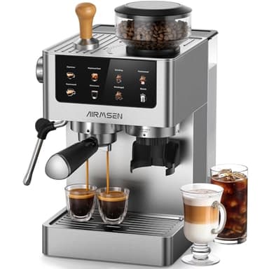 AIRMSEN Espresso Machines with Burr Grinder, 20 Bar, Milk Frother Steam Wand, Stainless Steel Coffee Maker for Home - Cappuccino Latte & ​​Cold Brew​​ Iced Coffee Maker & Americano (Large)