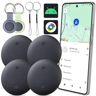 Bestray Bluetooth Tracker for Android, Smart Tag Compatible with Google Find Hub (Android Only), Key Finder for Keys, Luggage, Suitcase, Wallet, IP66 Waterproof (Black, 4 Pack)
