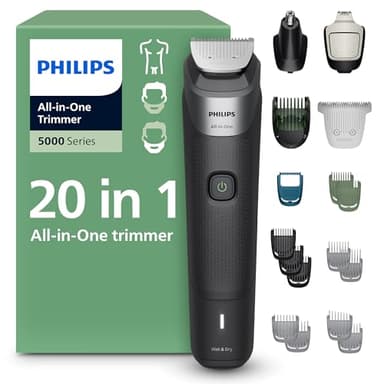 Philips All-in-One 20-Piece Trimmer 5000 Series - Shaver and Clipper for Face, Hair & Body, Self-sharpening Full Metal Blades, 12 Length Settings (0.5-16 mm), Precision Comb, MG5975/28