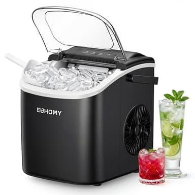 EUHOMY Countertop Ice Maker Machine with Handle, 26.4lbs Per Day, 9 Ice Cubes Ready in 6 Mins, Auto-Cleaning Portable Ice Maker with Basket and Scoop, for Home/Kitchen/Camping/RV (Black)