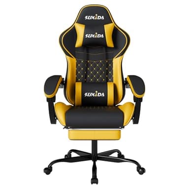 SUKIDA Yellow Gaming Chair Massage - Gamer Chair Adult Gamers Choice Size Cool Big People, PC Video Game Ergonomic Gamingchair with Footrest, Racing Office Computer Reclining Comfortable Recliner