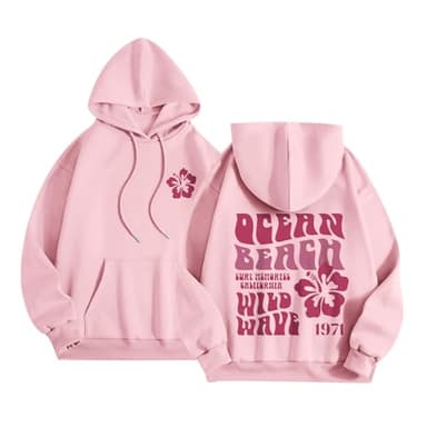 Sulayesh Hawaii Hibiscus Hoodie for Women Teen Girls Plam Ocean Beach Sweatshirt Flower Puff Graphic Aesthetic Oversized Tops, Pink, Medium