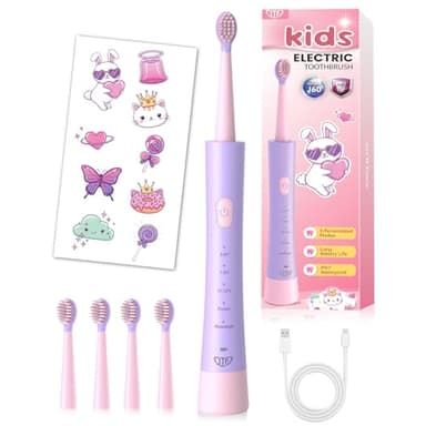 JTF Rechargeable Kids Electric Toothbrush with 2-Minute Timer, 5 Modes & 4 Soft Brush Heads, IPX7 Waterproof & DIY Stickers, Portable Pink Toothbrush for Girls Ages 3+