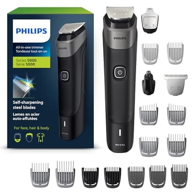 Philips Multigroom 5000 Series, All-in-One Shaver, Beard Trimmer and Hair Clipper, 20-Piece Men's Grooming Kit for Beard, Face, Hair and Body, No Blade Oil Needed, Model MG5910/28