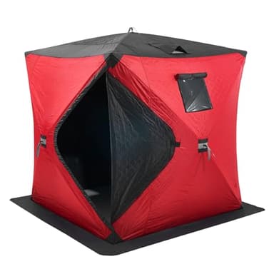 VEVOR Portable Ice Shelter, 3-4 Person Insulated Pop-Up Ice Fishing Tent, 35 Square Feet Fishable Area, Thermal Ice Shanty for Winter Fishing, Ice Cube with Anchors, Ropes, Carrying Bag, 71"x71", Red