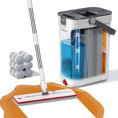 Mop and Bucket Set, 3-Tank Flat Mop and Bucket System for Separate Dirty & Clean Water, 65" Mops for Floor Cleaning with Washable Pads (Flat Mop Bucket with 6 Pad)